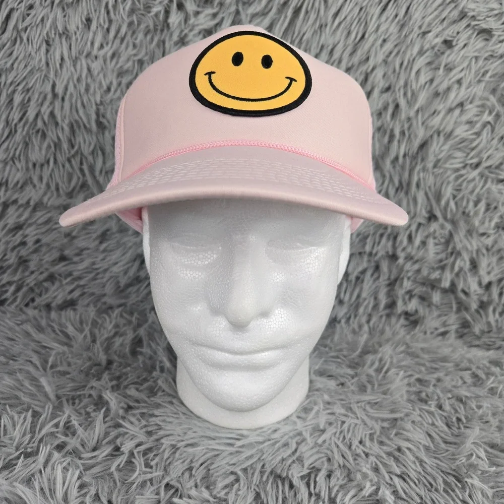 Nissin Cap‎ Smiley Face Trucker Hat Unisex OSFA Pink Mesh Snapback Rope Detail